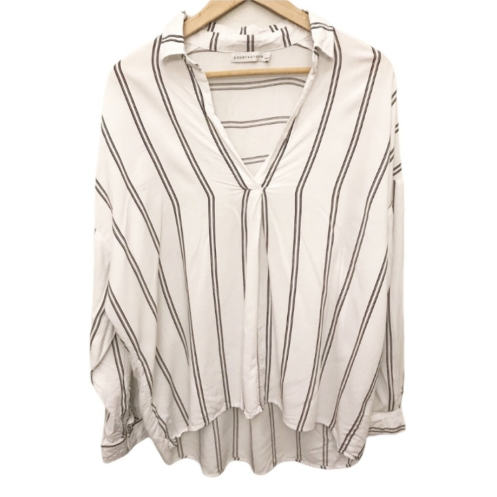 Paper Crane White Black Strip V-Neck Top Medium